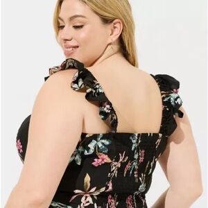 Torrid Black and Pink Sleeveless Challis Smocked Ruffle Trim Crop Top